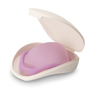 A contraceptive barrier method, this Caya Diaphragm is in its carrying clamshell shaped case.