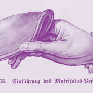 Illustration of a hand holding a female contraceptive diaphgram, drawn in an hold historical late 1800s style and colored to match Caya.