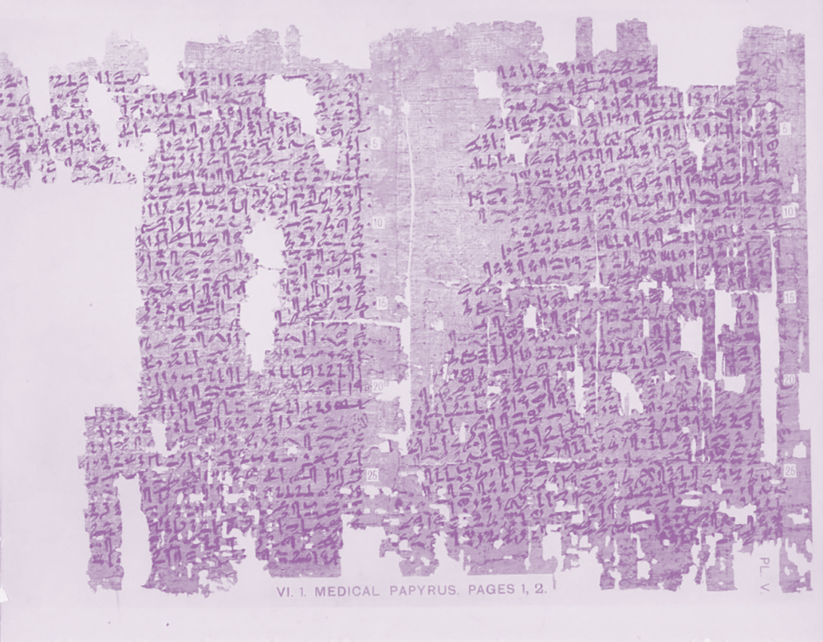 Ancient medical papyrus indicating women's contraception, image tinted to match Caya purple.