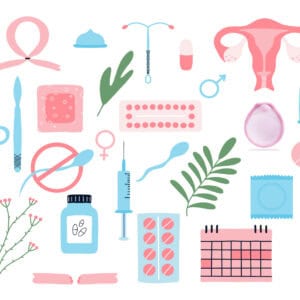 Contraception set. Types of contraception.The concept of awareness of contraceptive methods in the field of sexual and reproductive health. Safe sexual behavior, and birth control options that include the Caya diaphragm.