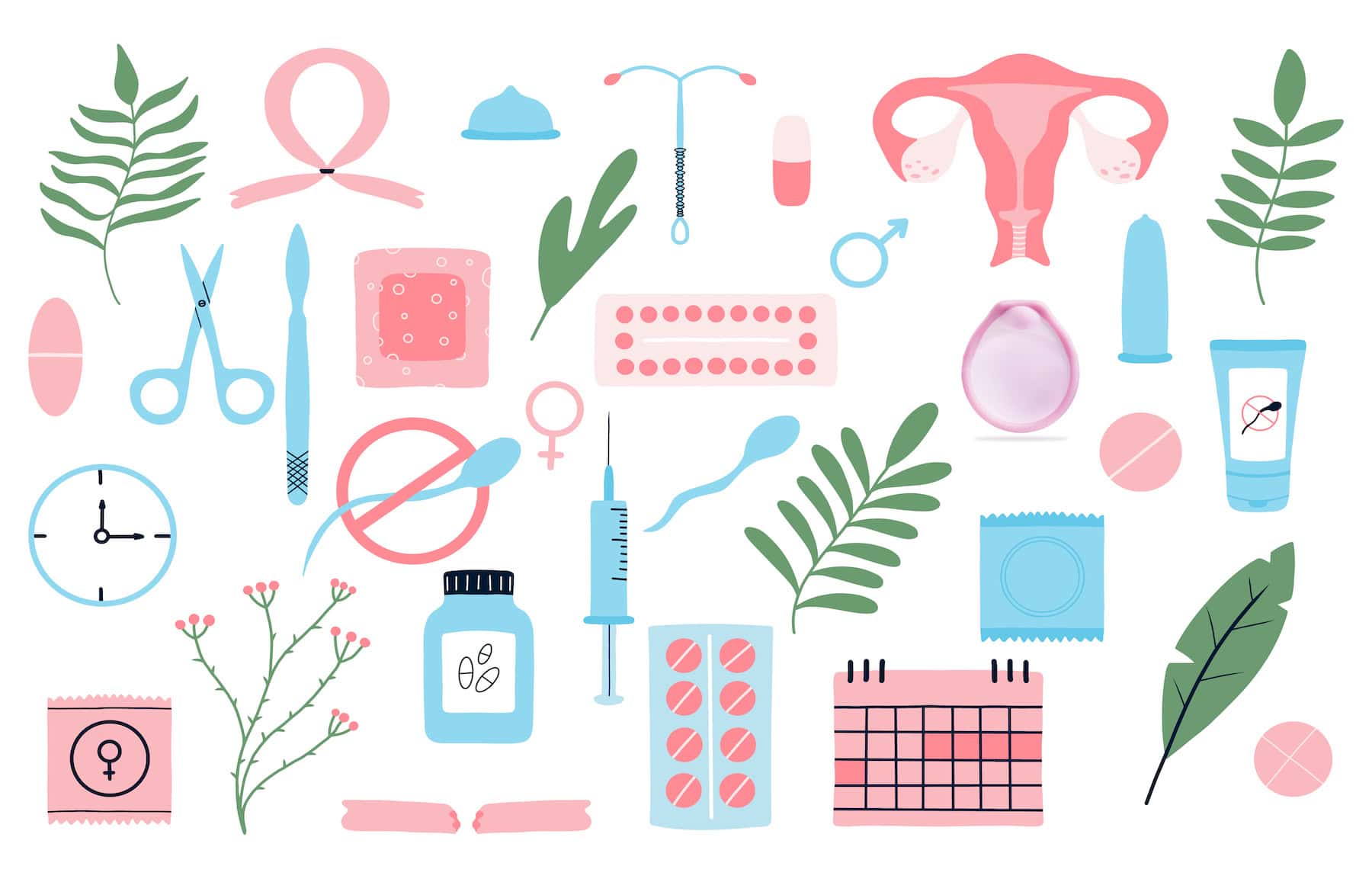 Contraception set. Types of contraception.The concept of awareness of contraceptive methods in the field of sexual and reproductive health. Safe sexual behavior, and birth control options that include the Caya diaphragm.
