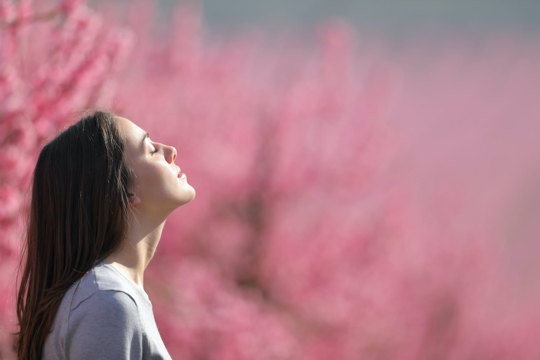 Profile of a relaxed woman breathing fresh air in a pink field of peach trees. Mental health and contraception options.