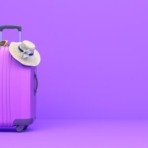 Purple pink suitcase packed and ready for travel 3D Rendering