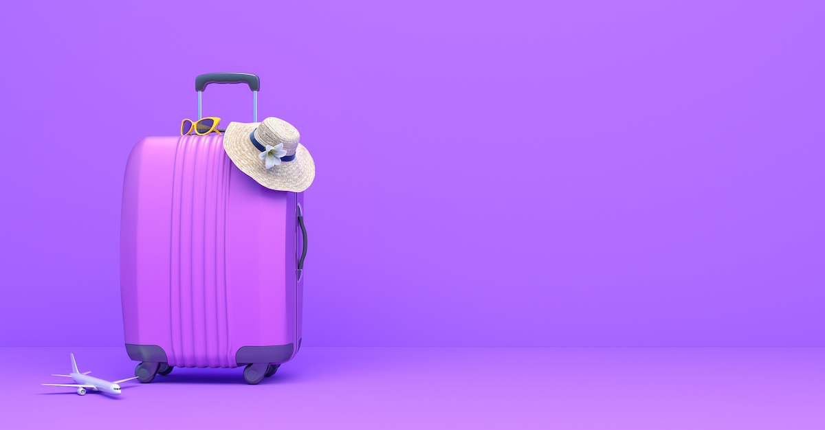 Purple pink suitcase packed and ready for travel 3D Rendering